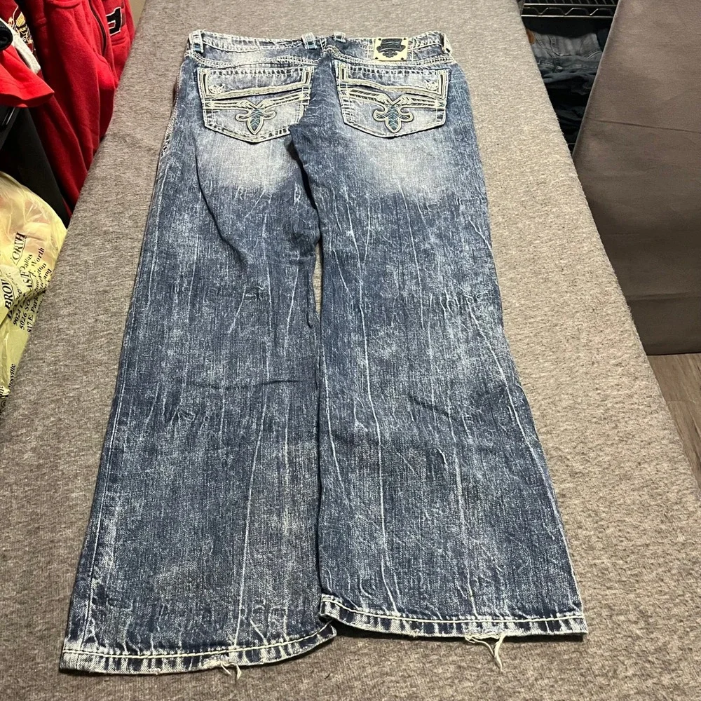 Rock Revival Rondel Straight Jeans Mens 36x33 Blue Acid Wash Embroidered Teal
